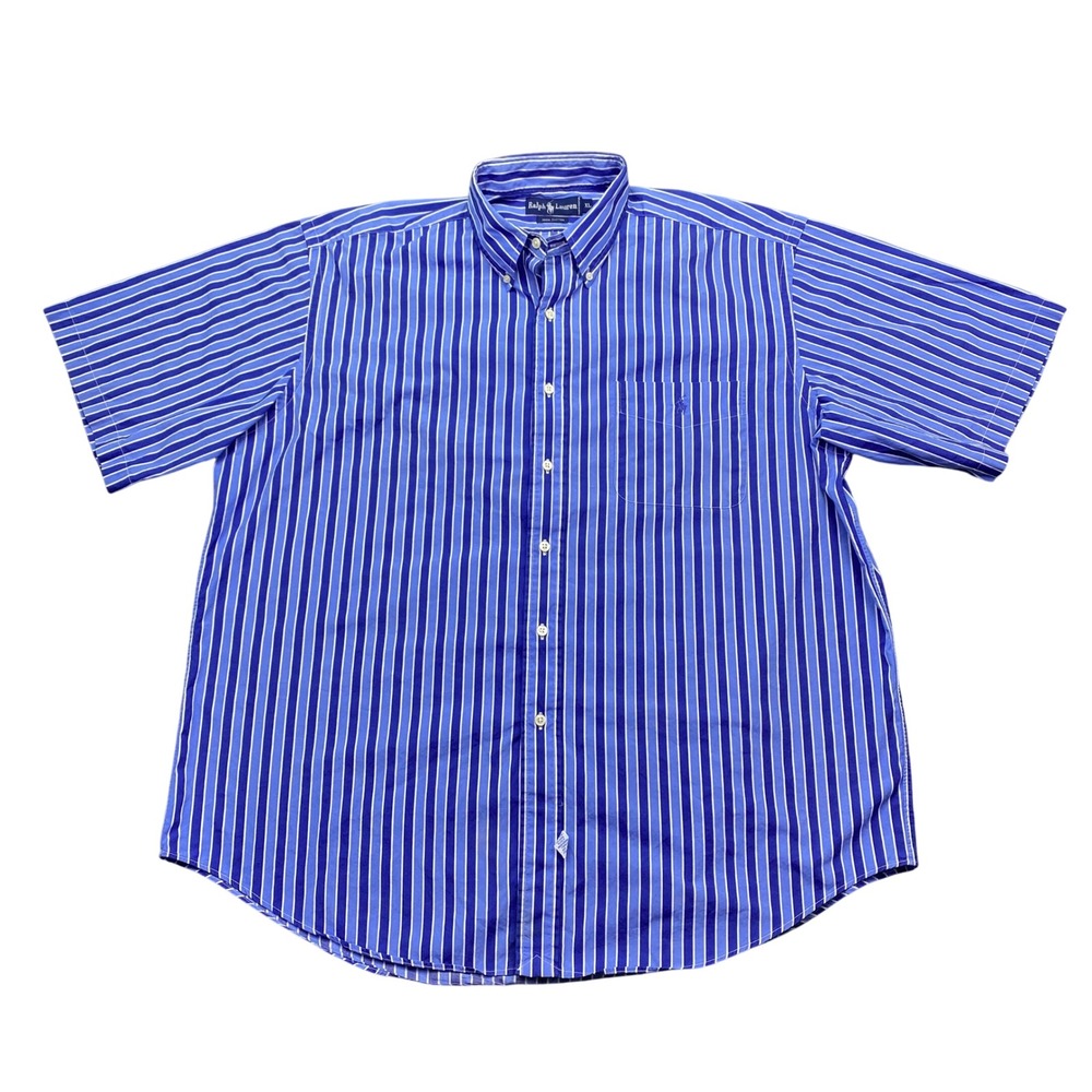 Ralph Lauren Mens XL Blue Striped Short‎ Sleeve Button Down Cotton Shirt Preppy